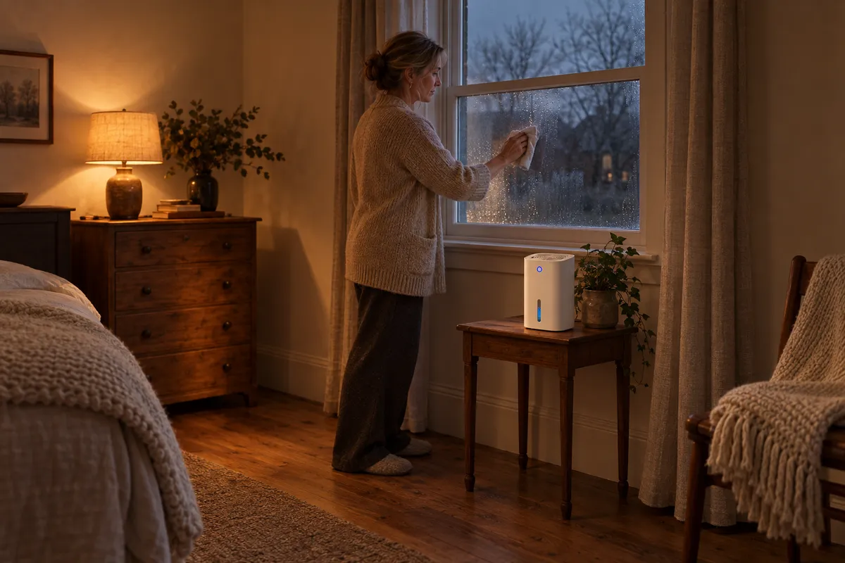 A woman wiping the wet window at dusk with the white Moistrol dehumidifier on the small table under the sill, a lamp lit behind