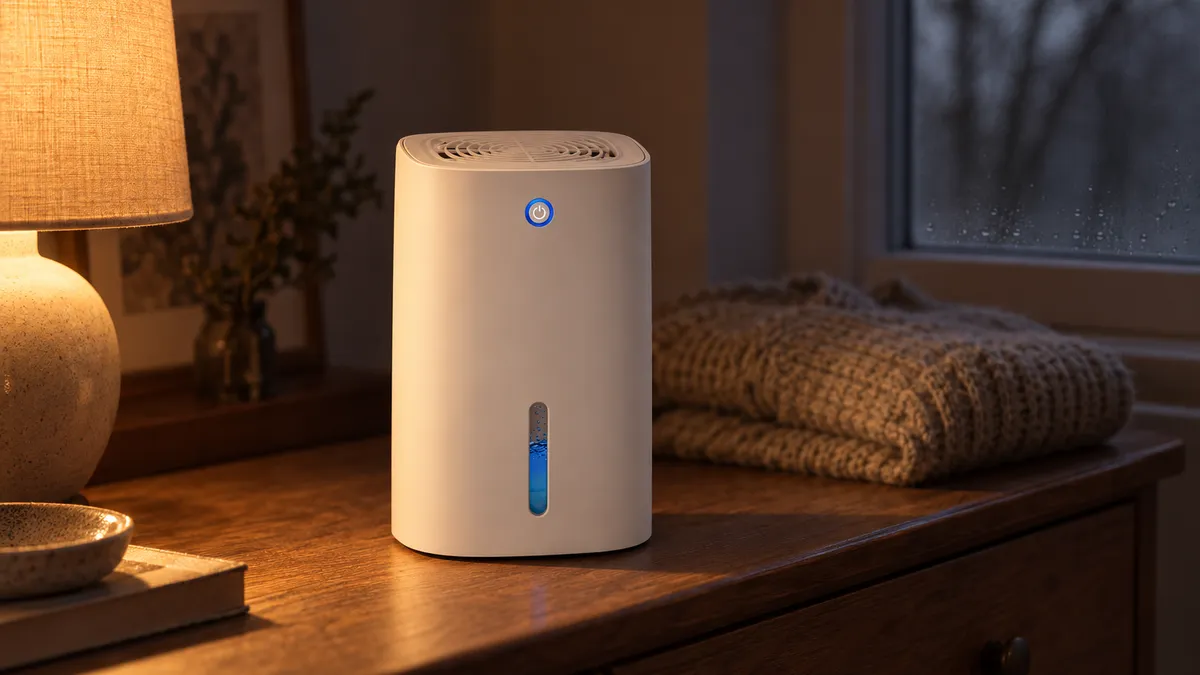 The white Moistrol dehumidifier on a wooden chest of drawers beside a lit lamp, a folded knitted jumper and a wet window behind